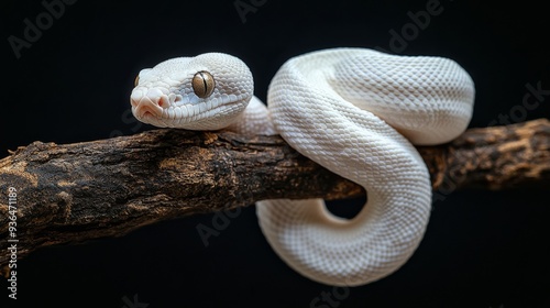 White snake with orange spots resting on a branch in a dark environment