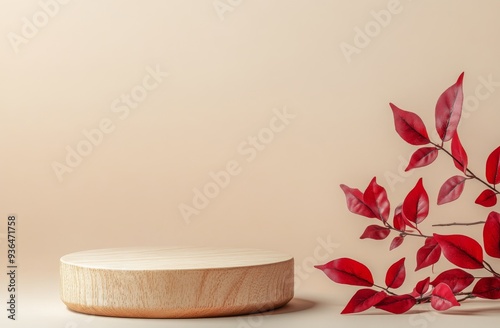 Natural wood display stand with red leaves and soft lighting in a minimalist ...