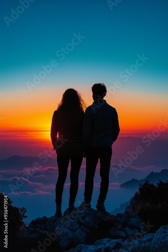 Couple stands together at sunset above the clouds on a mountain peak