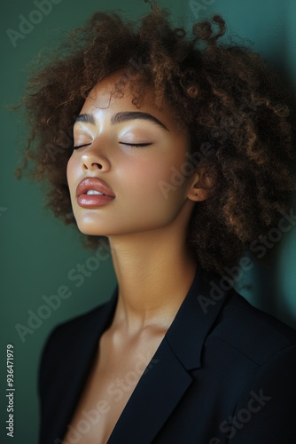 Woman with curly hair enjoying a moment against a green wall in natural light