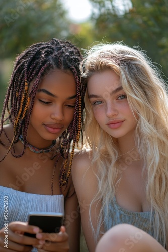 Two young friends sharing a moment while looking at a smartphone outdoors in ...