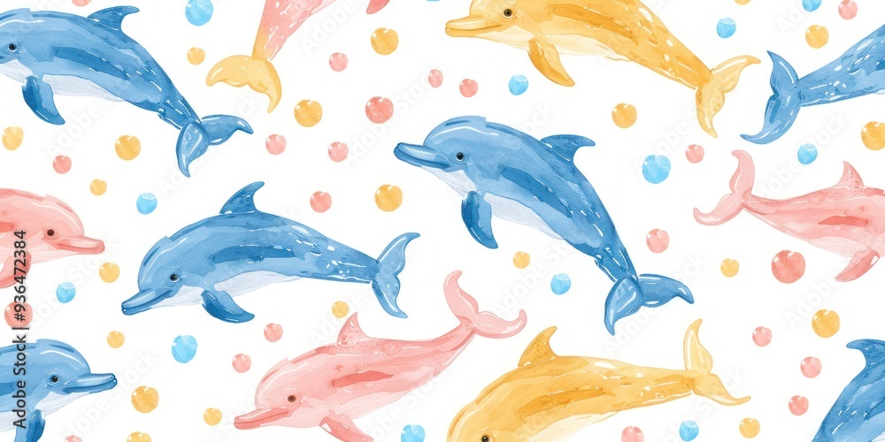 Colorful dolphins swim playfully in a whimsical pattern against a white backdrop, showcasing vibrant hues of pink, blue, and yellow in their design Colorful dolphins swim playfully in a whimsical pattern against a white backdrop, showcasing vibrant hues of pink, blue, and yellow in their design