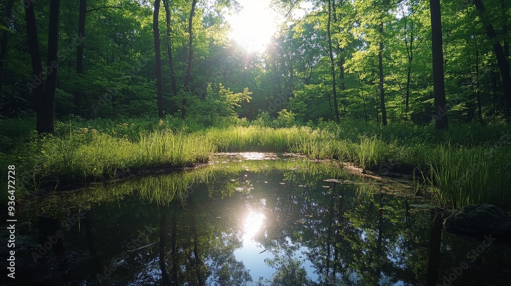 Sunrise over a tranquil pond in a forest clearing during early morning Sunrise over a tranquil pond in a forest clearing during early morning