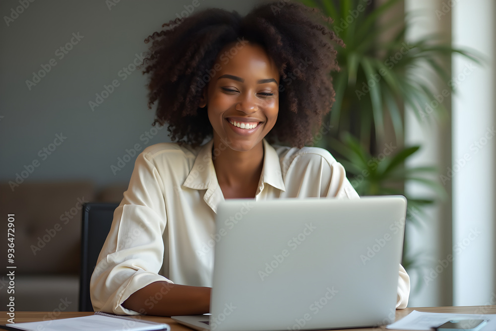 beautiful black business woman sitting in front of laptop and smiling beautiful black business woman sitting in front of laptop and smiling