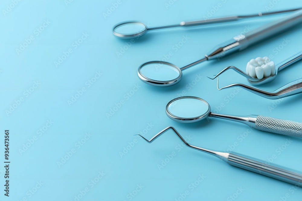 Essential Dental Tools on a Blue Background Essential Dental Tools on a Blue Background