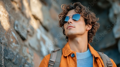 Young man exploring a sunny street in a historic city while wearing sunglasses