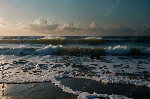 In the distance, the waves grew taller and stronger, their crests blown off in a misty spray that sparkled like diamonds in the sunlight. The ocean's roar grew louder, a constant heartbeat that pulsed