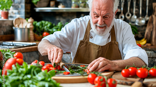 Caucasian senior “Chef preparing organic meal in rustic kitchen. Culinary expert slicing greenery for gourmet vegetarian dish. Healthy cuisine creation with garden vegetable.