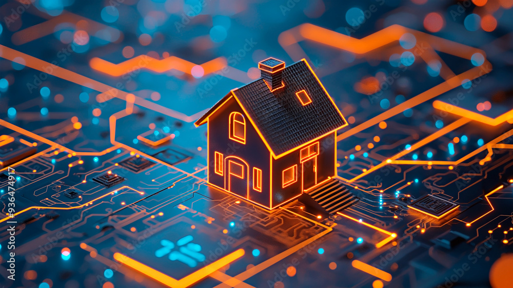 Smart home technology concept with 3D house on electronic motherboard circuitry. Smart home technology concept with 3D house on electronic motherboard circuitry.