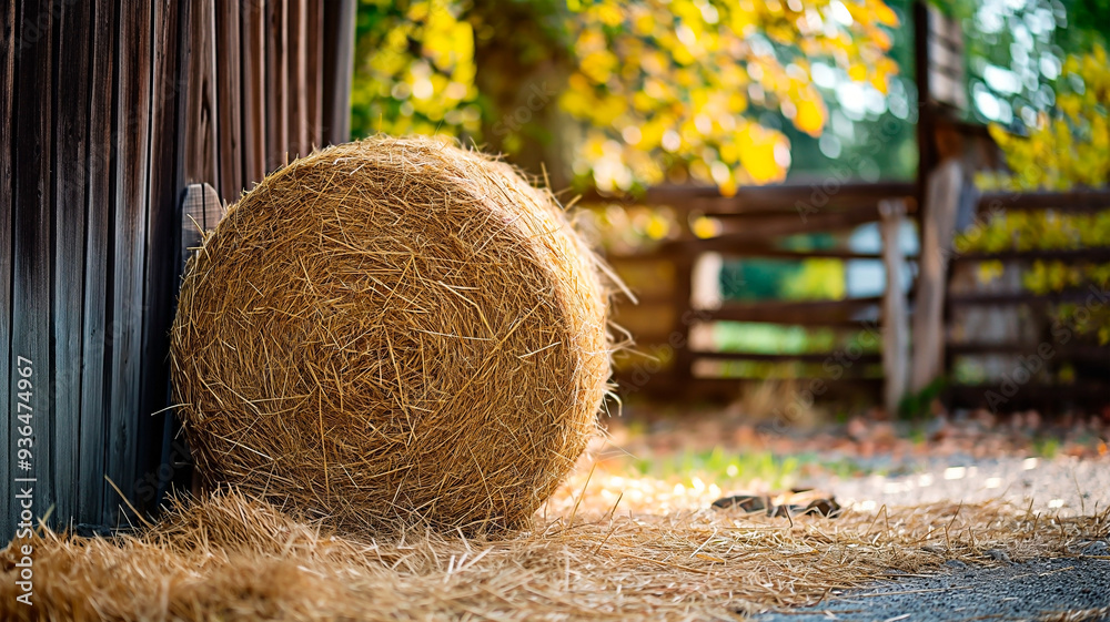 Autumnal farm landscape with hay bale and golden tree with single hay bale. Autumnal farm landscape with hay bale and golden tree with single hay bale.