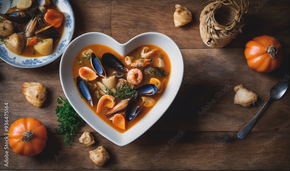 A heart-shaped bowl of seafood soup sits on a wooden table with small pumpkins and bread pieces scattered around it