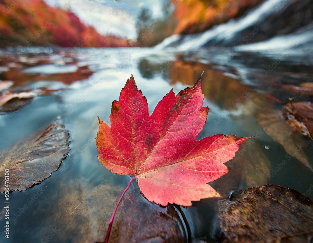 A vibrant red autumn leaf floats peacefully on the water's surface, reflecting soft light in a serene, minimalistic scene viewed from above. A vibrant red autumn leaf floats peacefully on the water's surface, reflecting soft light in a serene, minimalistic scene viewed from above.