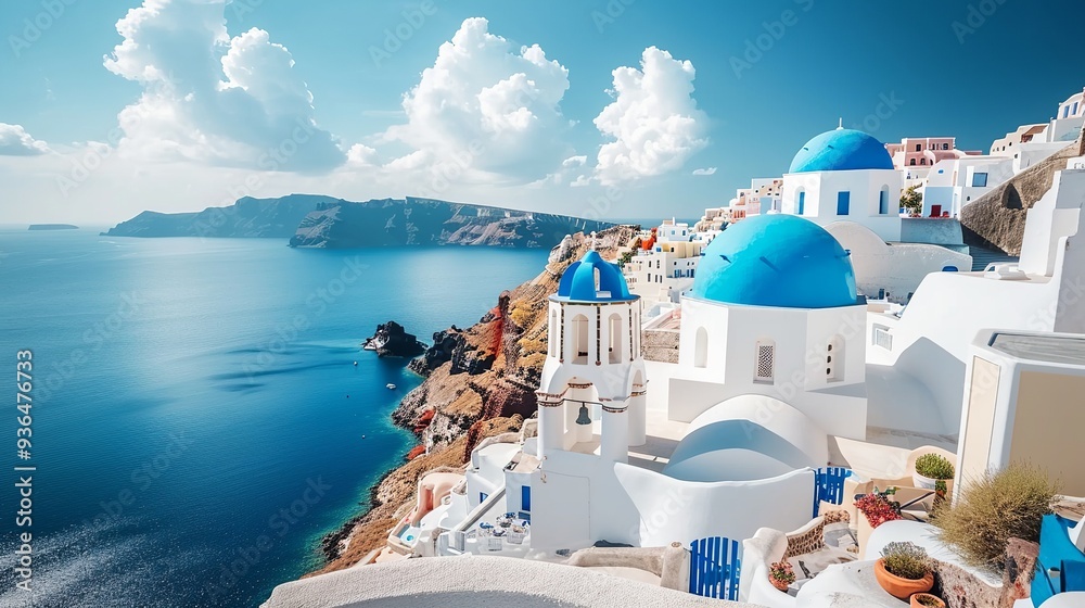 Fototapeta premium Beautiful coastal view of Santorini capturing white buildings with blue domes under a clear sky during daytime