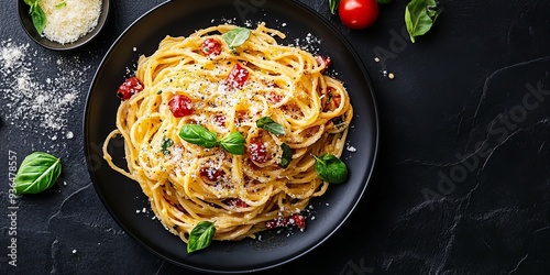 spaghetti carbonara top view with copy space