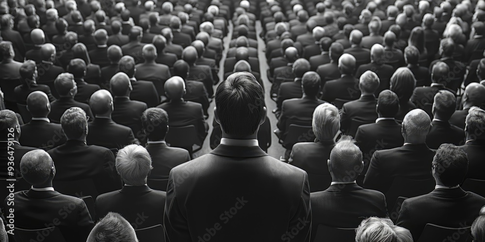 Obraz premium A lone figure stands before a vast audience in formal attire during a significant event in a grand hall, emphasizing the feeling of individuality amidst a sea of faces