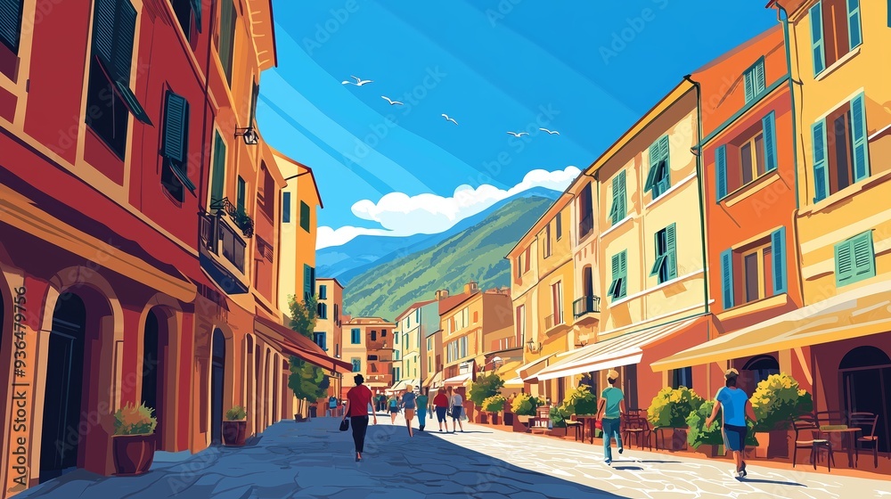 Fototapeta premium Charming street in a colorful coastal village with people strolling, vibrant buildings, and mountains in the background on a sunny day