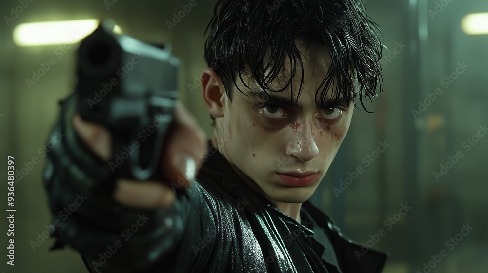 Young man brandishing a gun in an intense confrontation inside a dimly lit industrial location Young man brandishing a gun in an intense confrontation inside a dimly lit industrial location