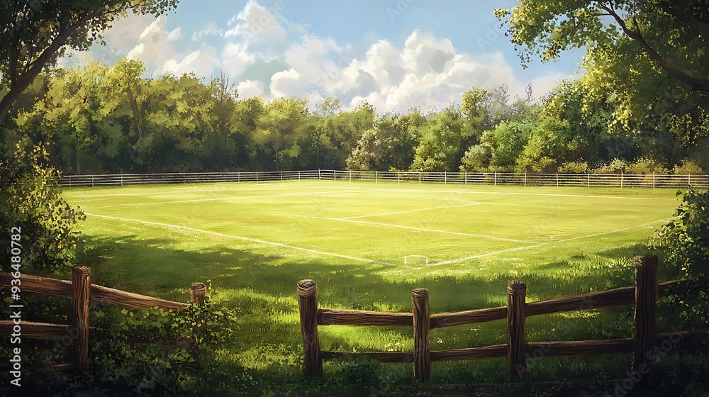 Rural Soccer Field Surrounded by Trees and a Wooden Fence Rural Soccer Field Surrounded by Trees and a Wooden Fence