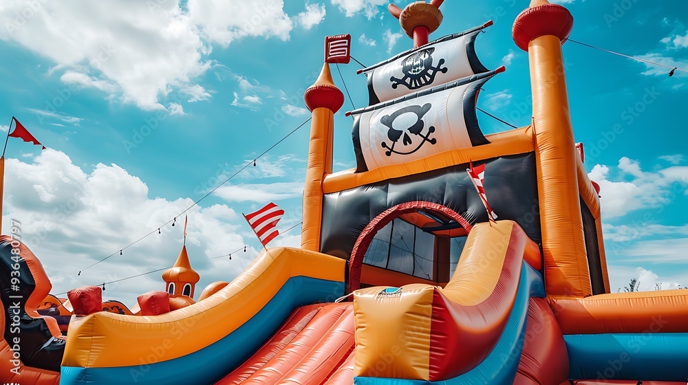 Obraz premium Inflatable castle shaped like a pirate ship, set up for outdoor children's play, featuring a pirate flag and fun for a birthday party at an amusement park