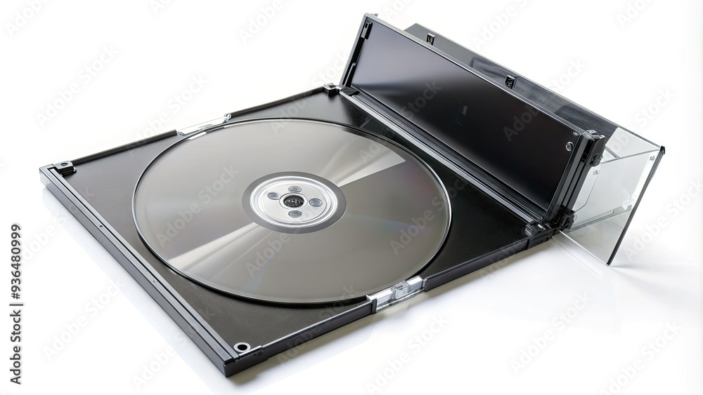 Empty black plastic CD case lies open on a white background, its transparent trays and hinges visible, awaiting a musical disc to be inserted. Empty black plastic CD case lies open on a white background, its transparent trays and hinges visible, awaiting a musical disc to be inserted.