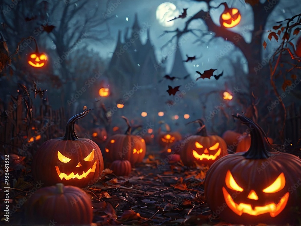 A spooky Halloween scene with carved pumpkins lit by candles, a creepy house in the background, bats flying in the night sky, and a full moon. A spooky Halloween scene with carved pumpkins lit by candles, a creepy house in the background, bats flying in the night sky, and a full moon.
