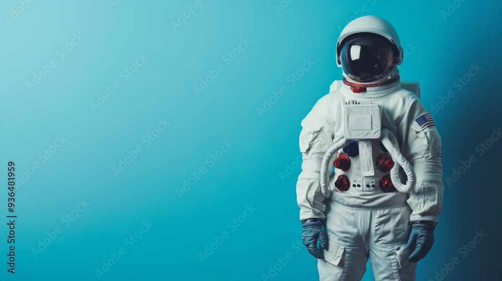 An astronaut wearing a white spacesuit stands on a blue background with copy space, showcasing space exploration attire and equipment An astronaut wearing a white spacesuit stands on a blue background with copy space, showcasing space exploration attire and equipment