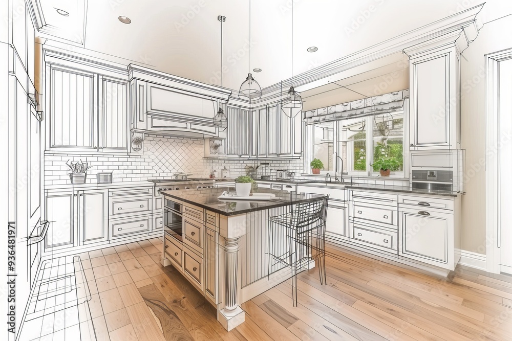Fototapeta premium Sophisticated kitchen design with contemporary furniture, enhanced with creative sketch elements