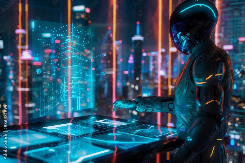 Obraz premium Sophisticated robot man at an interactive table, projecting a smart city hologram, showcasing AI's