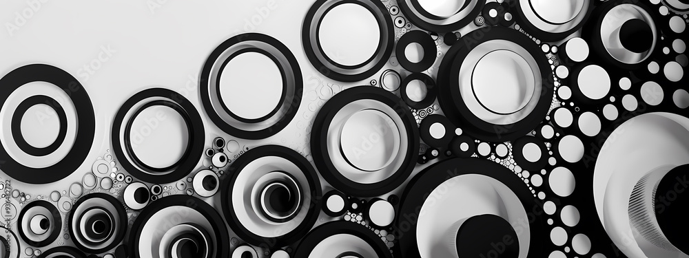 An abstract black and white composition featuring various circular forms of different sizes, creating a visually striking pattern. An abstract black and white composition featuring various circular forms of different sizes, creating a visually striking pattern.