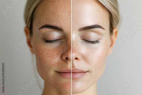 Split face of woman showing before and after effect of pigmentation lightening procedure. Cosmetic treatment and spa concept. Close-up collage portrait for poster, commercial, presentation 