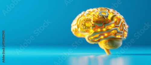 yellow digital brain with cuircut board pattern, Artificial Intelligence and Machine Learning, Neuroscience and Technology Integration, Transformation of Thought Processes,Data-Driven Decision Making. photo