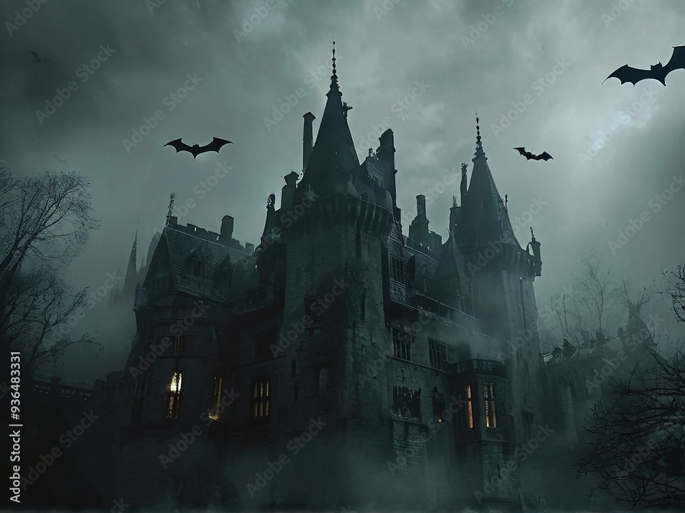 A spooky, old, stone castle with tall towers, dark windows, and bats flying overhead against a stormy sky. A spooky, old, stone castle with tall towers, dark windows, and bats flying overhead against a stormy sky.