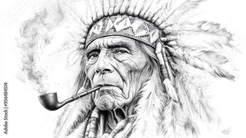 Native American Chief with Pipe and Feathers