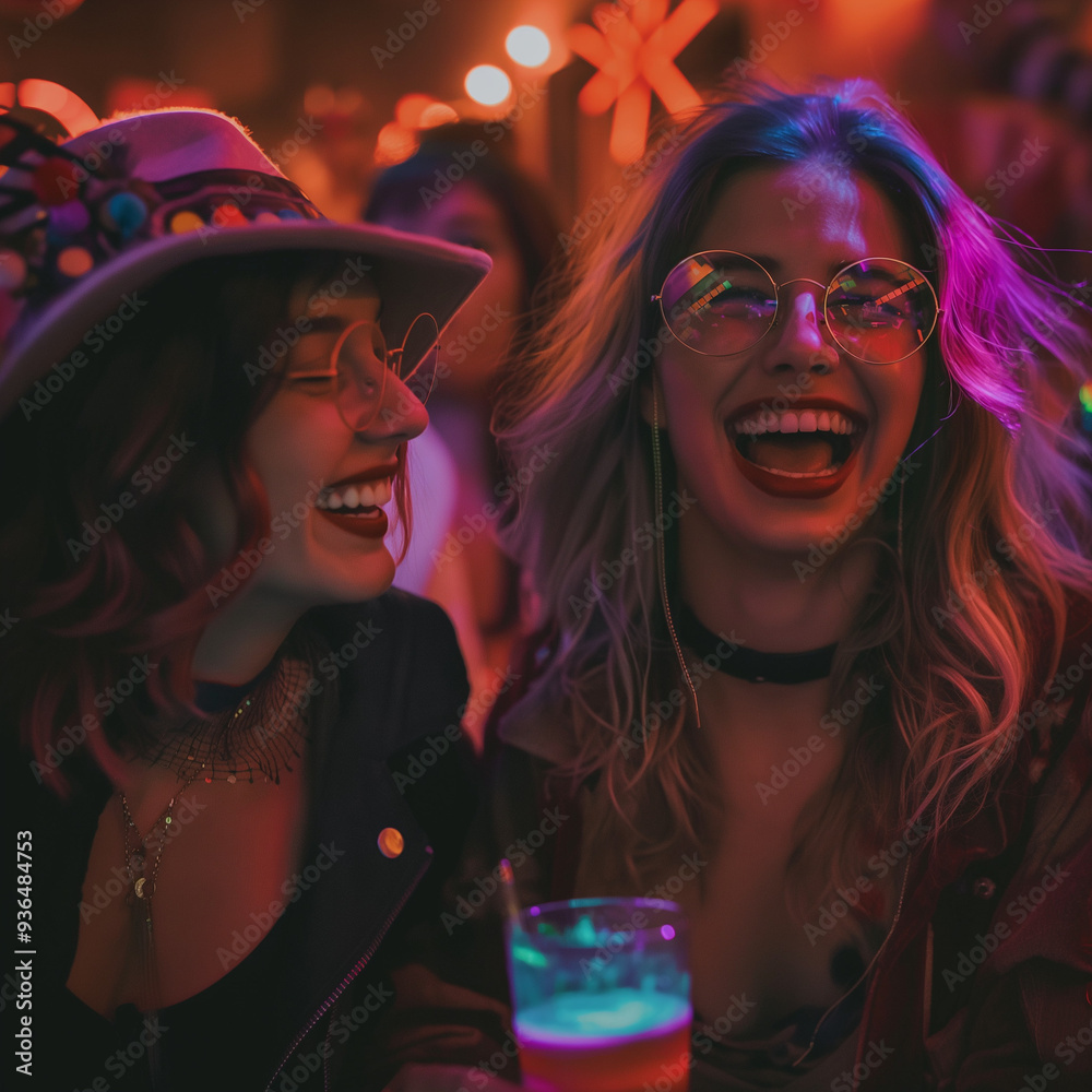 Fototapeta premium Friends in Halloween costumes laughing and having fun at a party, Halloween costume party