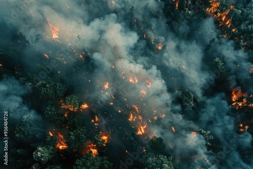 Aerial Drone View of Forest Fire with Dense Smoke and Burning Trees - Environmental Disaster Stock Photo photo