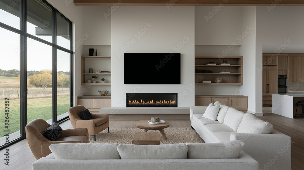 TV mockup over fireplace | Elegant living room with contemporary furniture and fire | Expansive windows showcasing autumn landscape in modern open-plan home TV mockup over fireplace | Elegant living room with contemporary furniture and fire | Expansive windows showcasing autumn landscape in modern open-plan home