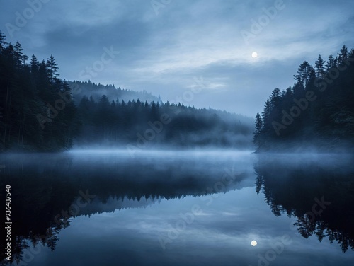 A tranquil lake shrouded in mist at dawn, with a full moon reflecting in the water. The forest lining the shore is dark and mysterious, and the atmosphere is calm and serene.