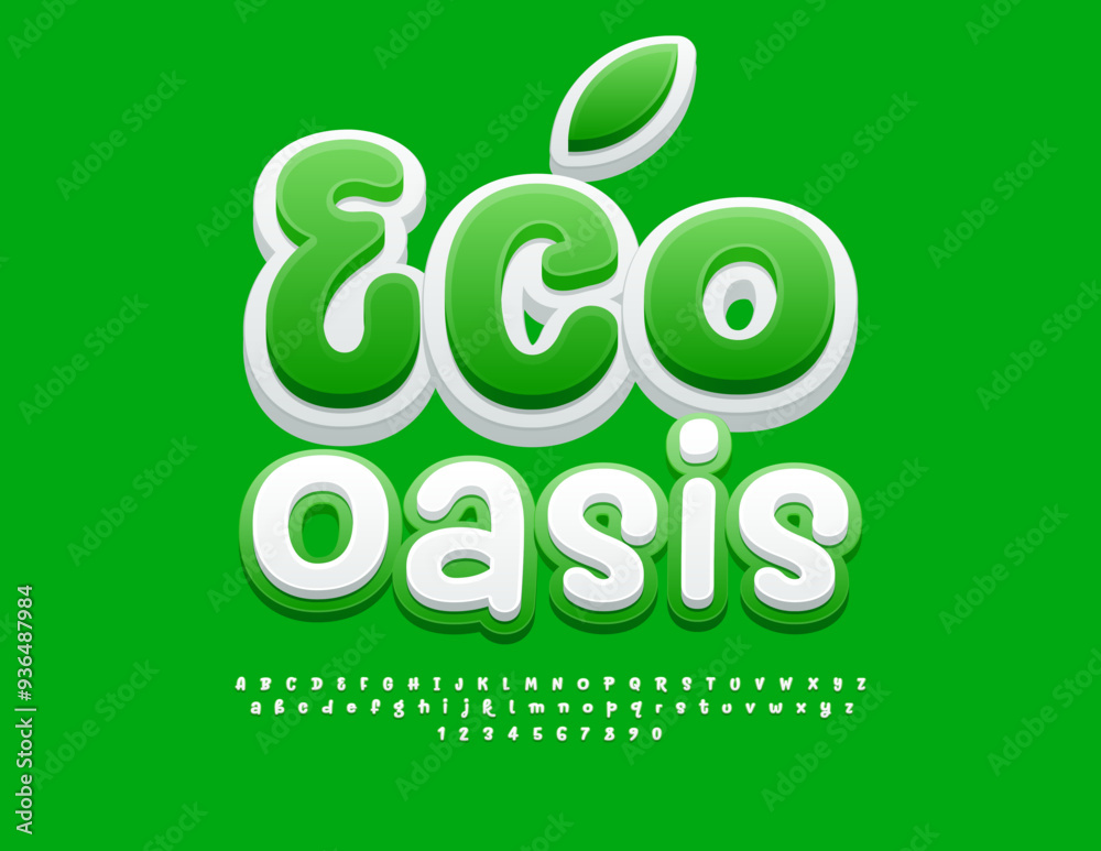 Vector green concept Eco Oasis. Playful Bright Font. Creative Alphabet Letters and Numbers set Vector green concept Eco Oasis. Playful Bright Font. Creative Alphabet Letters and Numbers set