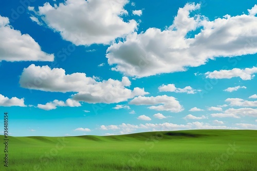 beautiful scenery in the blue sky Green fields, bright colors, Nostalgia style, reminiscent of the past.