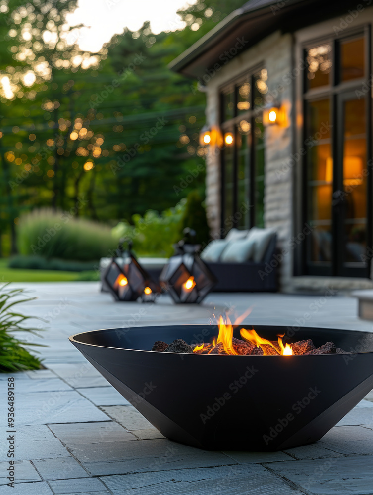 Modern fire pit with lanterns creating a cozy evening ambiance. Modern fire pit with lanterns creating a cozy evening ambiance.
