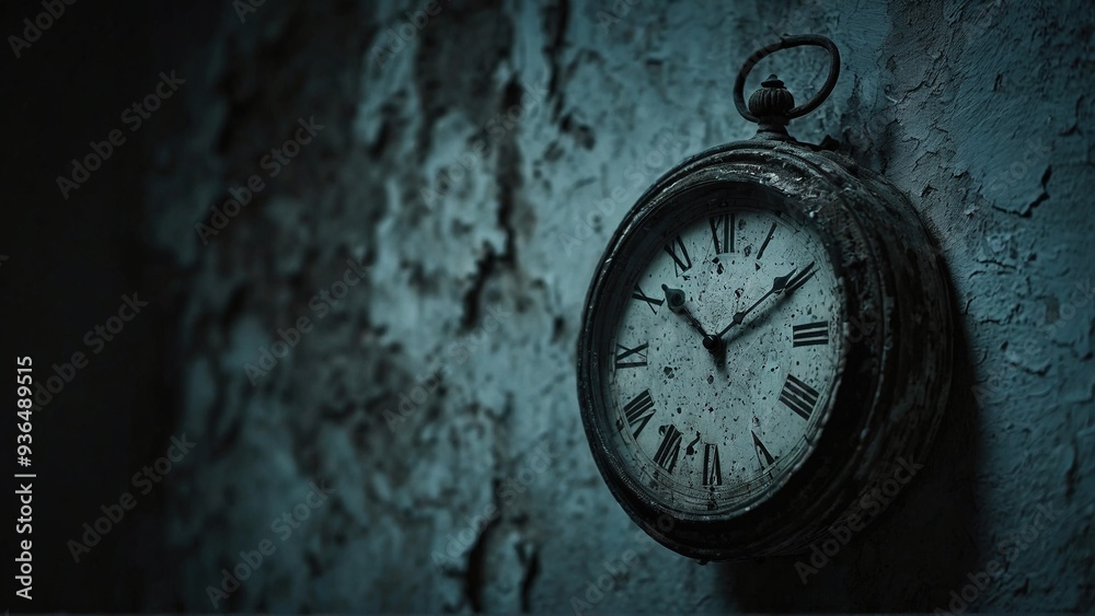 A vintage pocket watch hangs on a weathered wall, the hands frozen in time. The cracked paint and worn metal suggest a long history and the passage of years.
