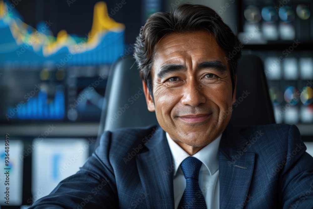 Business Leader in Office with Financial Charts in Morning Business Leader in Office with Financial Charts in Morning