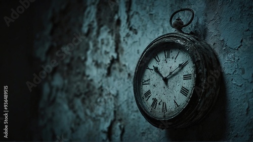 Obraz na płótnie A vintage pocket watch hangs on a weathered wall, the hands frozen in time. The cracked paint and worn metal suggest a long history and the passage of years. w salonie