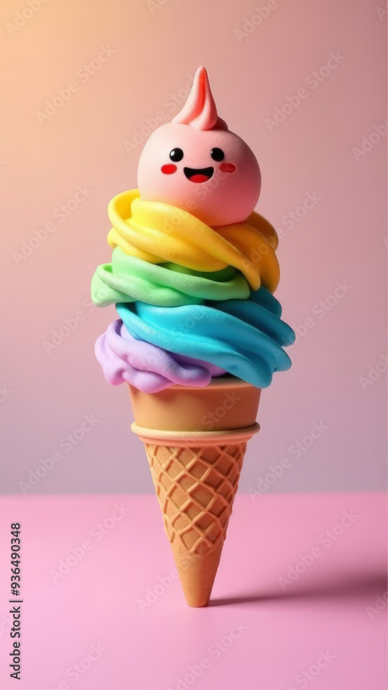 Cheerful Rainbow Ice Cream Cone with Smiling Scoops on Pastel Background Cheerful Rainbow Ice Cream Cone with Smiling Scoops on Pastel Background