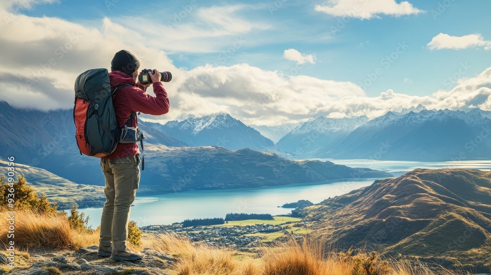 A solo backpacker pauses to take in the magnificent vista of mountains and lakes during a tranquil hike in the early morning light A solo backpacker pauses to take in the magnificent vista of mountains and lakes during a tranquil hike in the early morning light