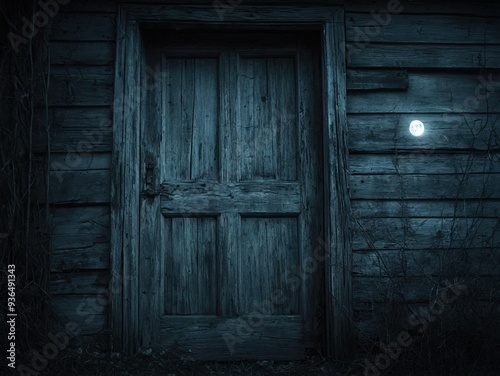 A weathered wooden door on a dark building with a single light illuminating the wall.