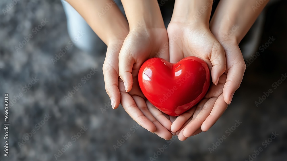 Two hands gently holding a red heart-shaped object, symbolizing love and connection during a moment of togetherness Two hands gently holding a red heart-shaped object, symbolizing love and connection during a moment of togetherness