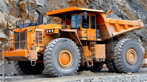 A massive dump truck loaded with gravel maneuvers through a rocky construction site, showcasing its power and durability under the midday sun while workers monitor progress