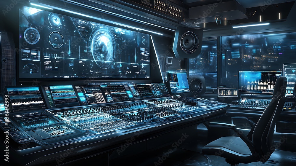 Obraz premium A futuristic digital music studio with interactive holographic sound mixers and AI-assisted composition tools 