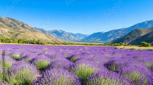 lavender field landscape with mountains in the background